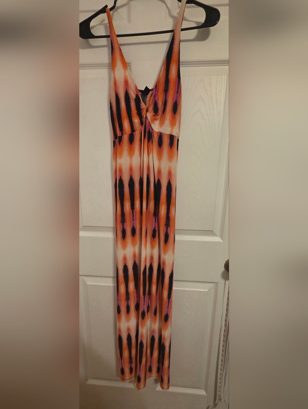 Sleeveless Orange Tie-Dye Maxi Dress with Pink and Black Accents